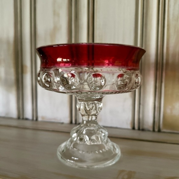VINTAGE, KINGS CROWN, RUBY THUMBPRINT COMPOTE IN THE TIFFIN STYLE. - Picture 6 of 10